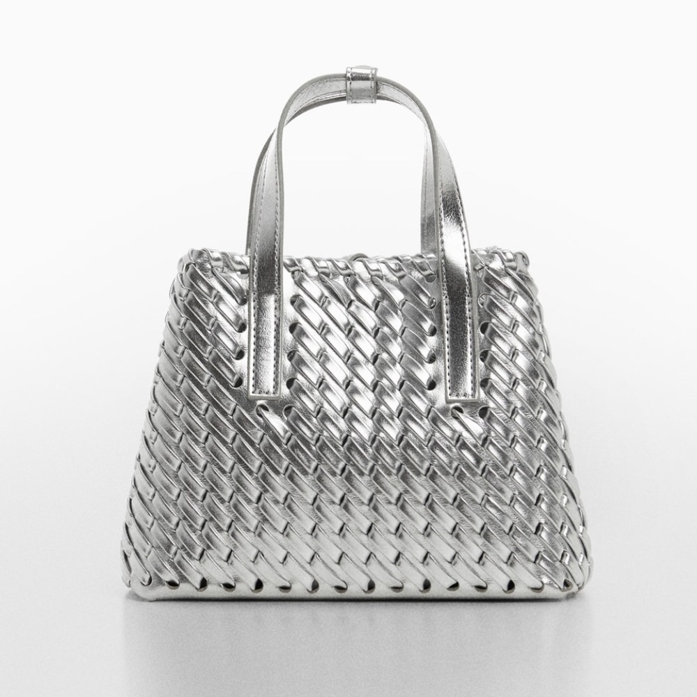 MANGO METALLIC SILVER DOUBLE-HANDLE BRAIDED WOVEN MINI BAG